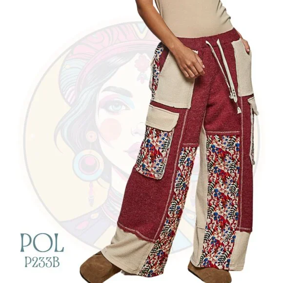 P233B POL Burgundy Floral Thermal Quilted Wide Leg Pants - Picture 1 of 2
